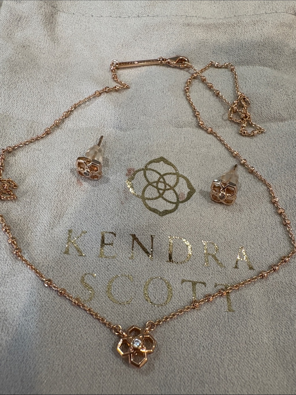Kendra Scott Rose Gold Flower Necklace and Stud Earrings Set